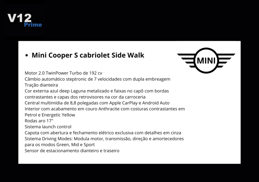 mini cooper 2.0 16v twinpower gasolina s sidewalk cabrio steptronic.